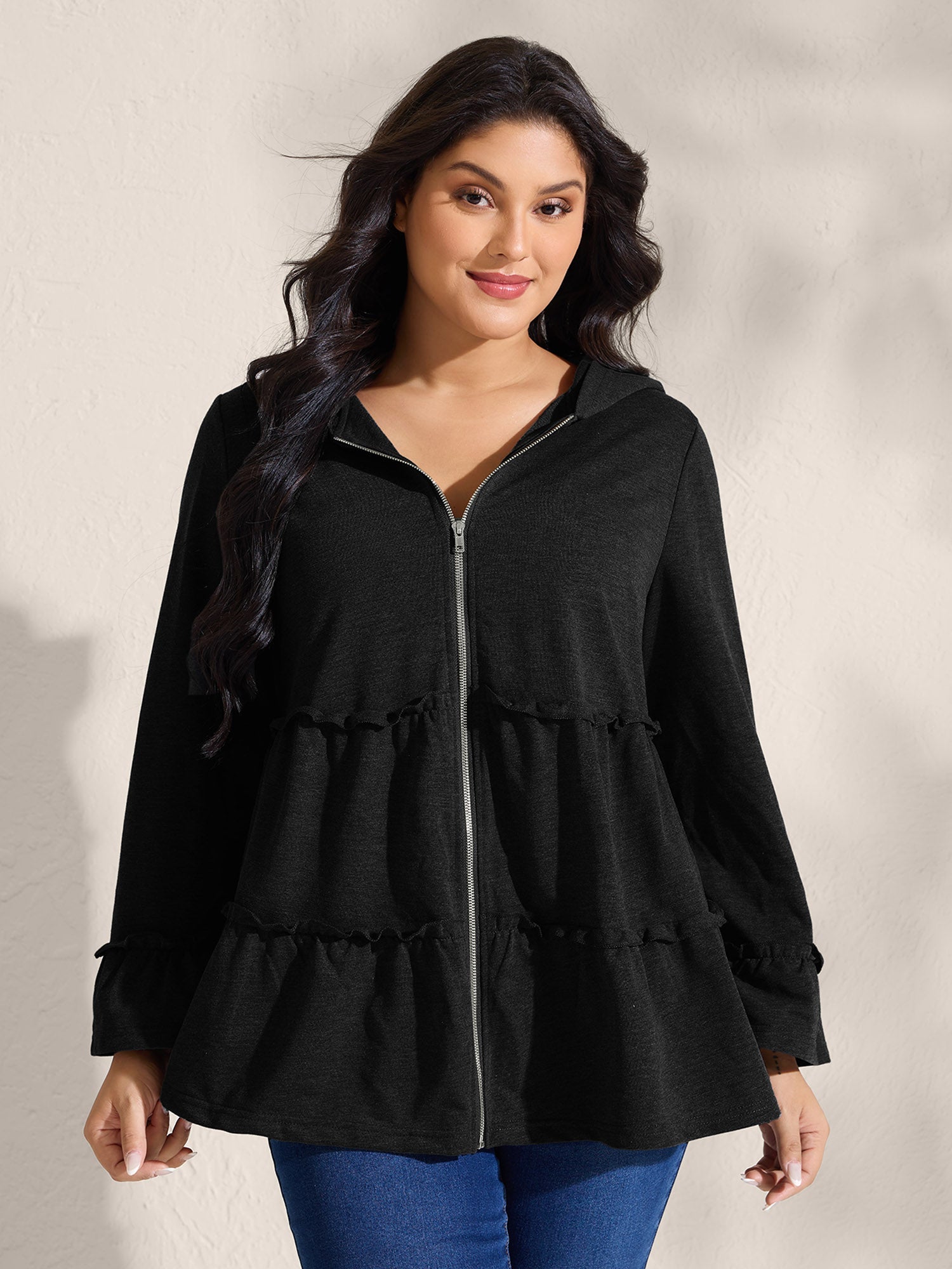 Tiered Ruffled Edges Pockets Jacket