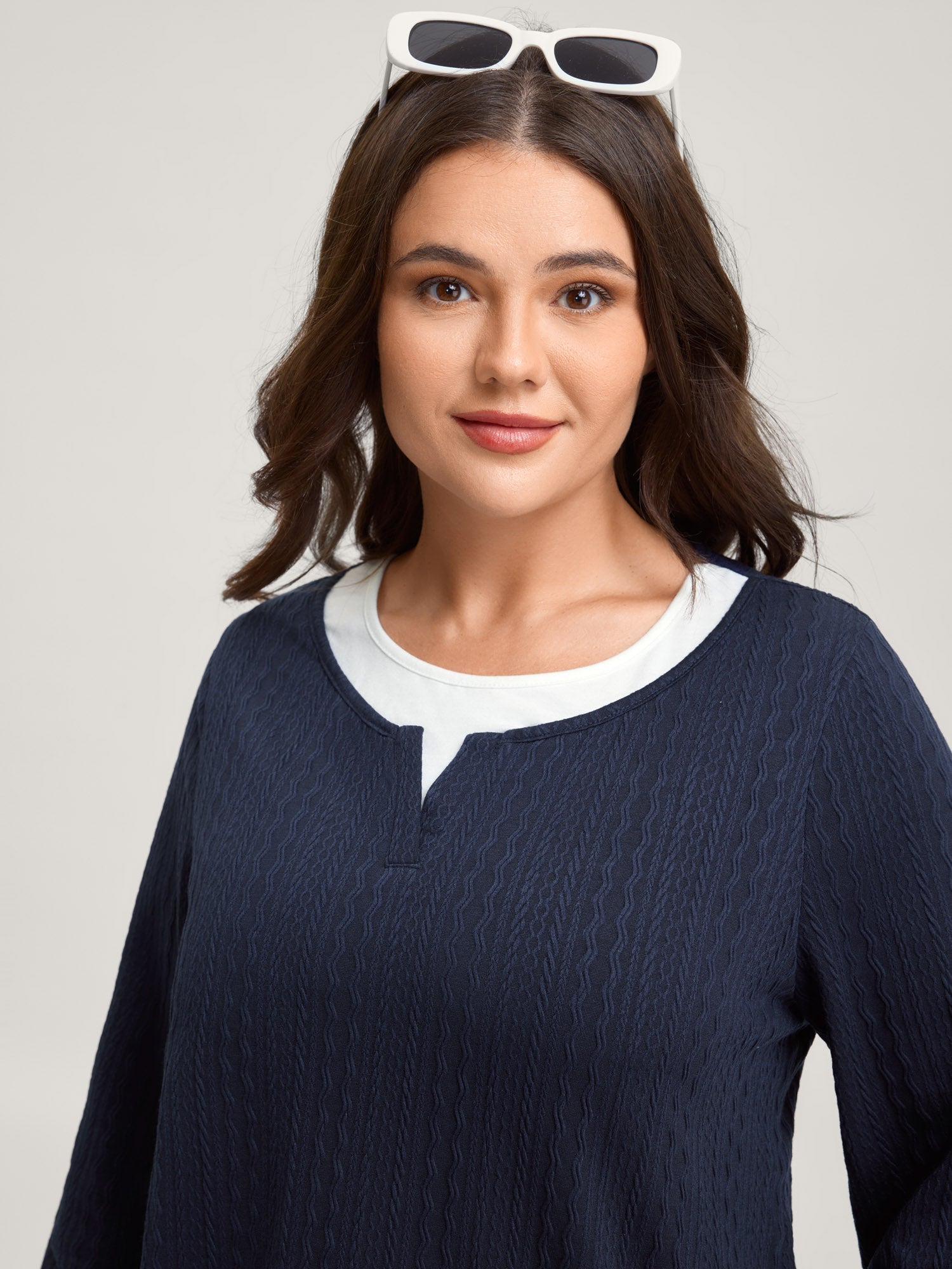 Textured Spliced Round Neck Solid T-Shirt