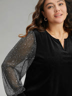 Velvet Patchwork Mesh Sequin Notched T-shirt