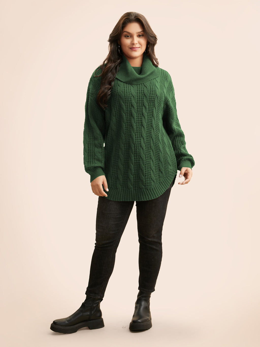 Turtleneck Cable Knit Curved Hem Pullover