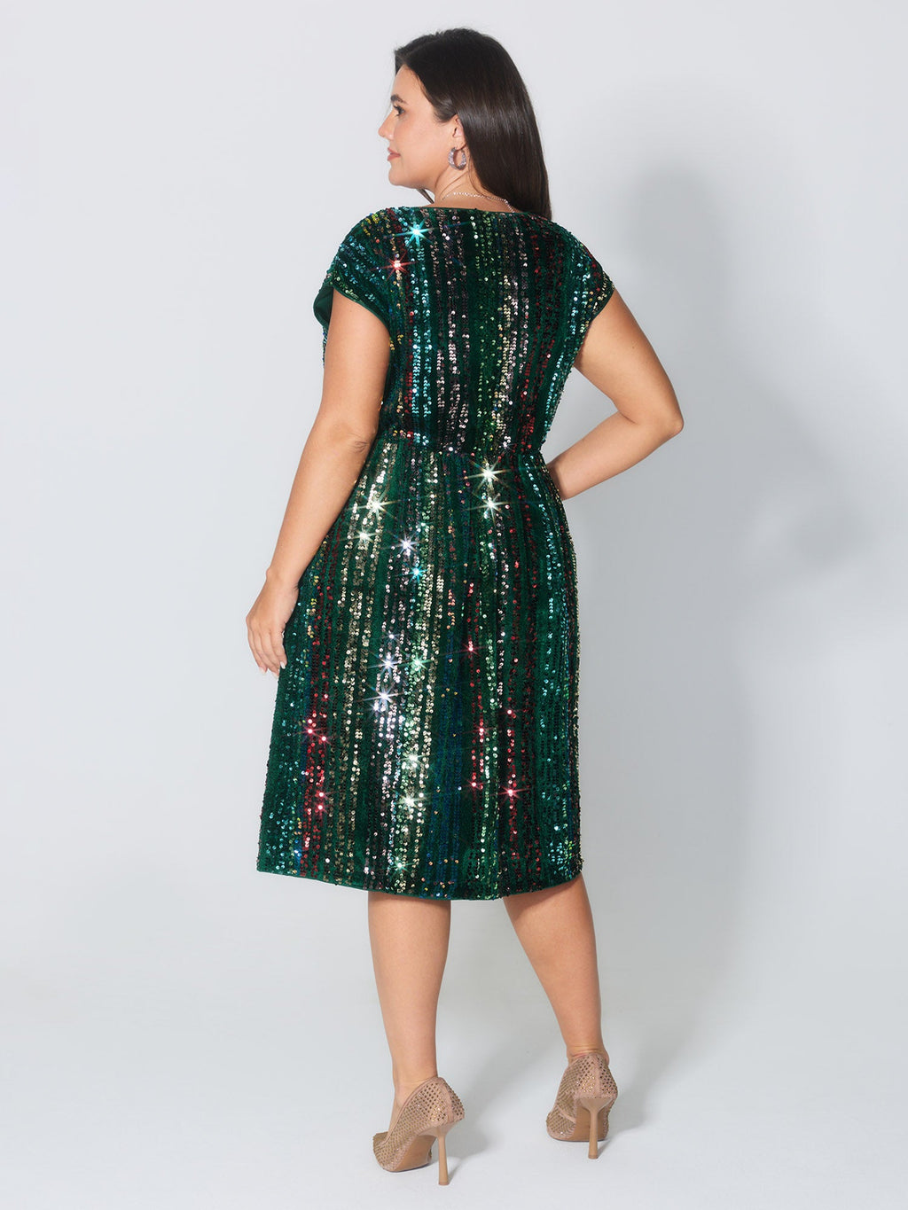 Shimmery Sequin Stripe Cinched-Waist Midi Dress