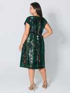 Shimmery Sequin Stripe Cinched-Waist Midi Dress
