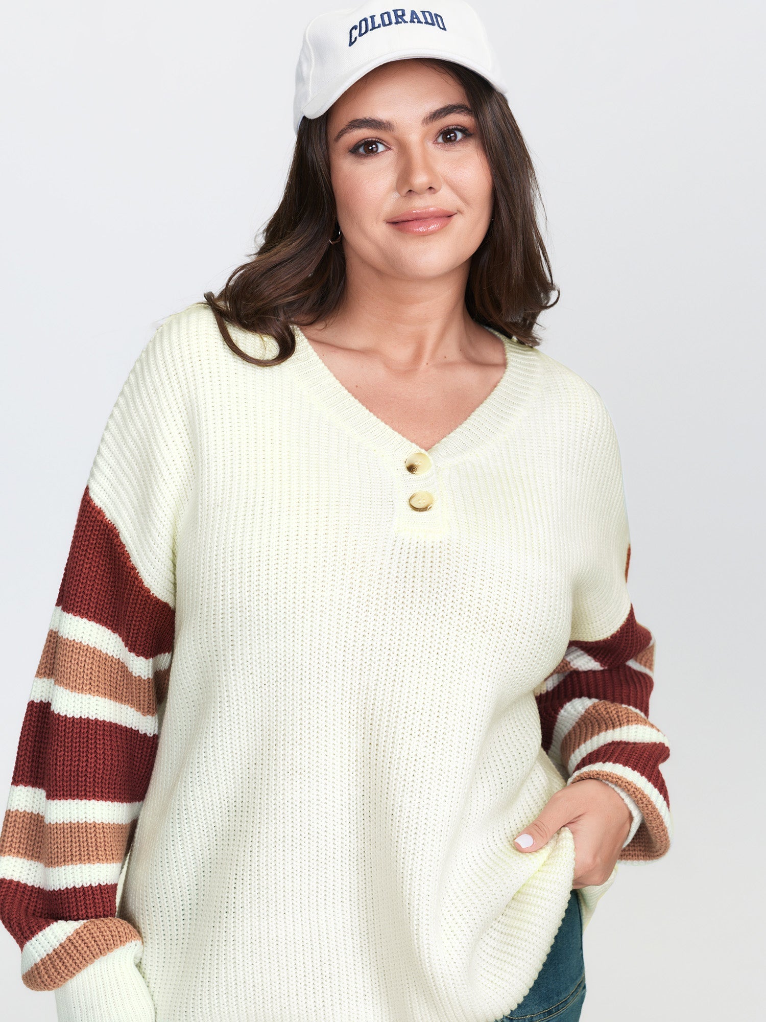 Striped Sleeve Button Neckline Pullover