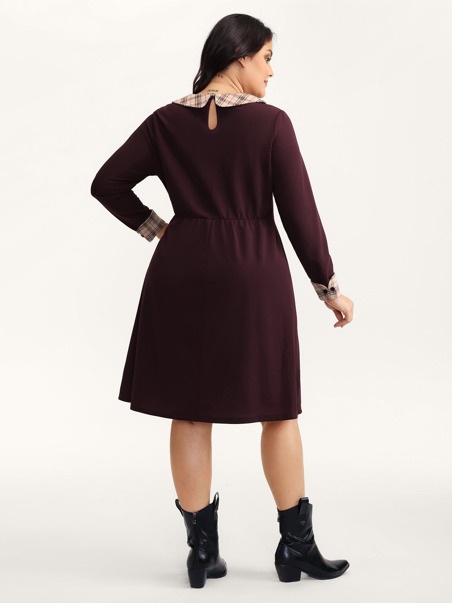 Plaid Collar Pleated Stretchy Waist Midi Dress