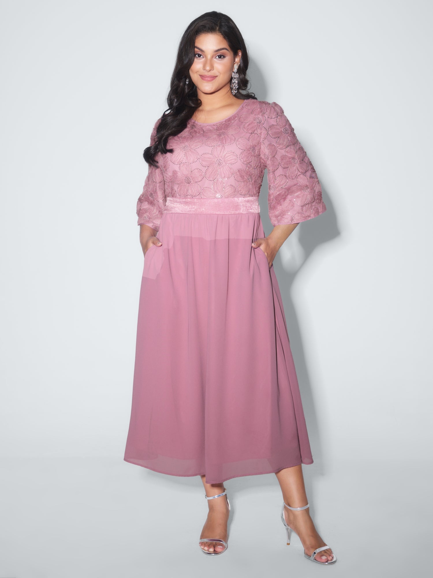 Sequin Floral Tulle Shirred Waist Maxi Dress