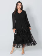 Sequin Mesh Asymmetrical Hem Maxi Dress