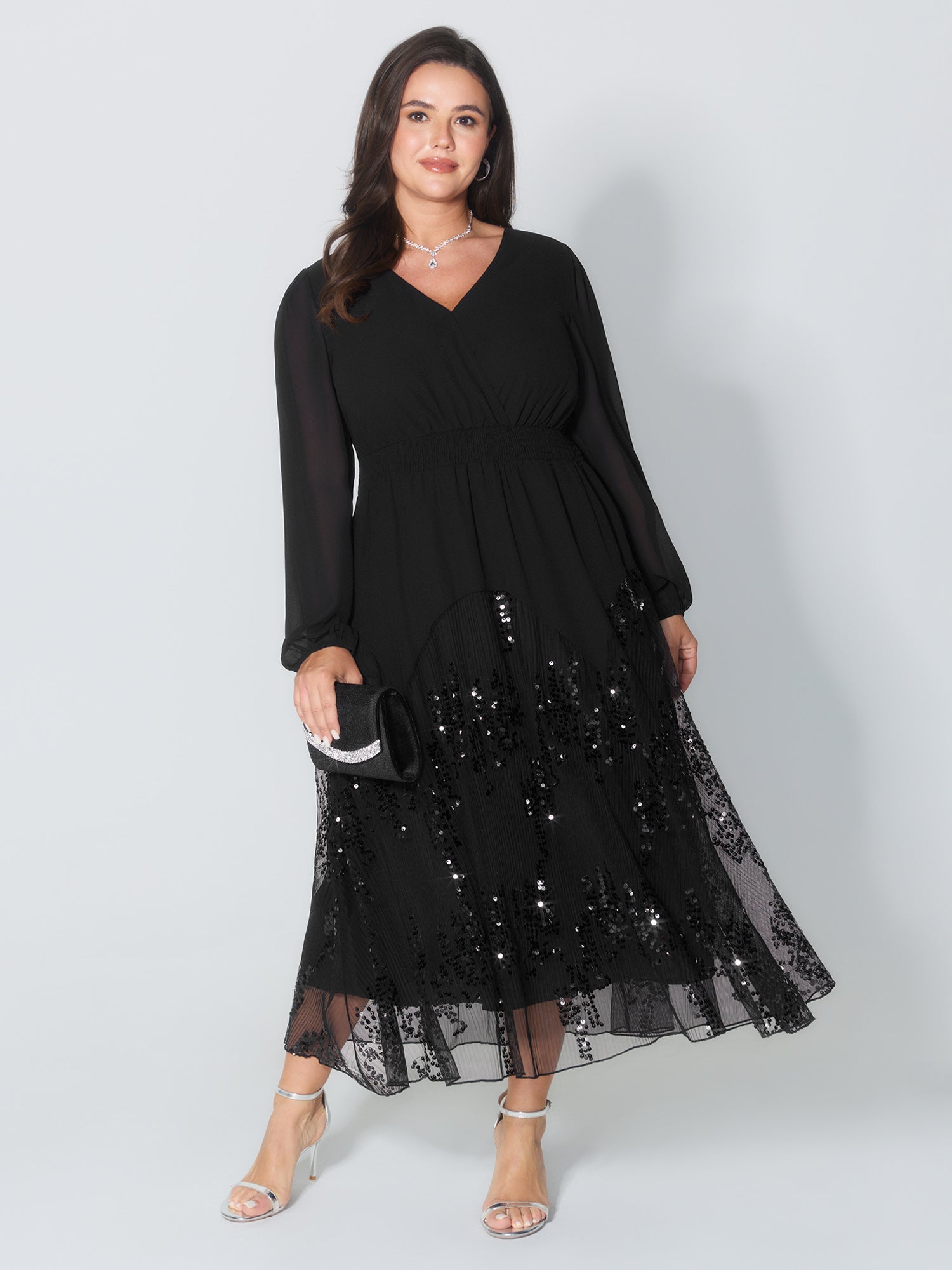 Sequin Mesh Asymmetrical Hem Maxi Dress