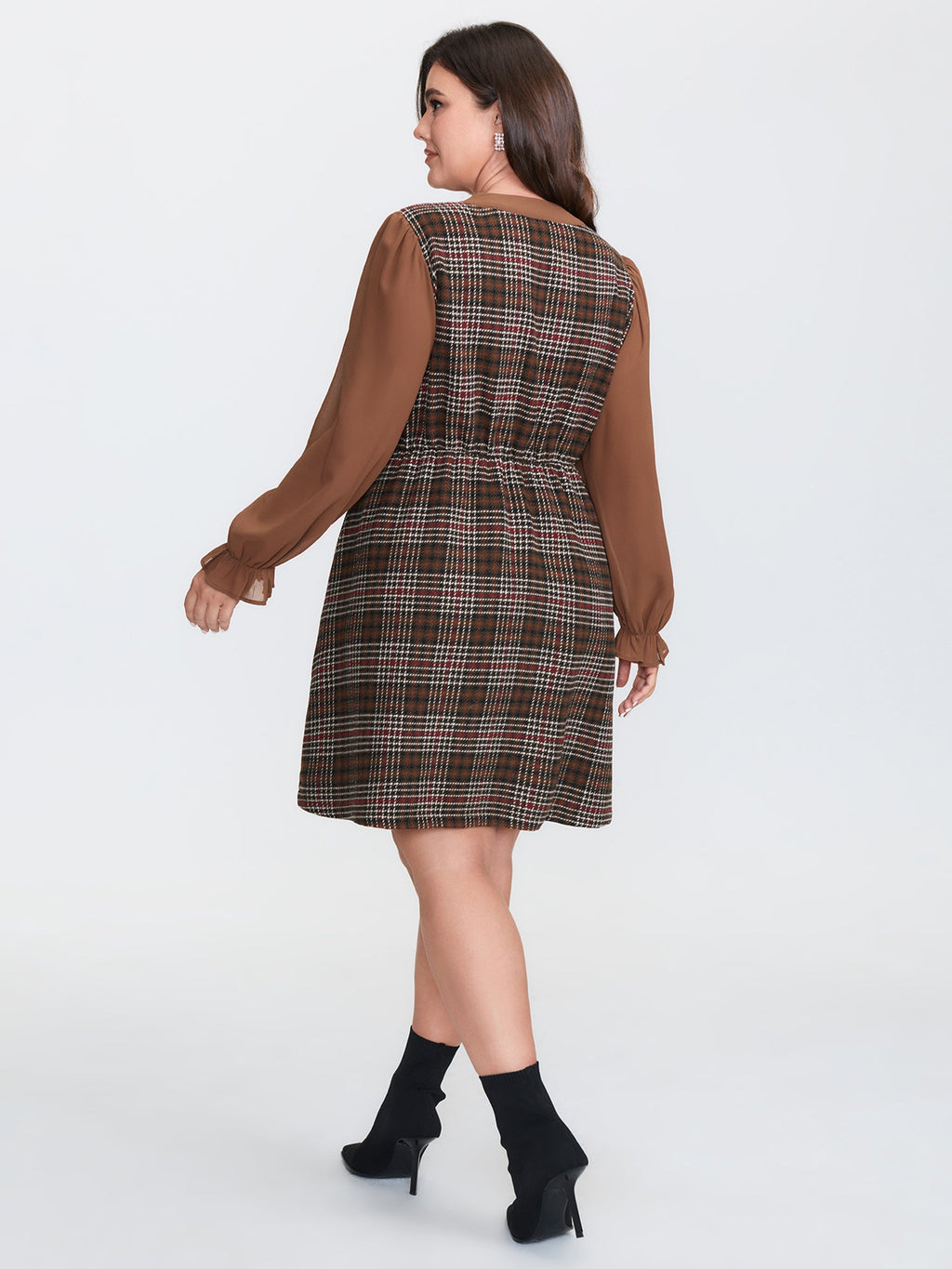 Vintage Check Tweed Ribbon Collar Midi Dress