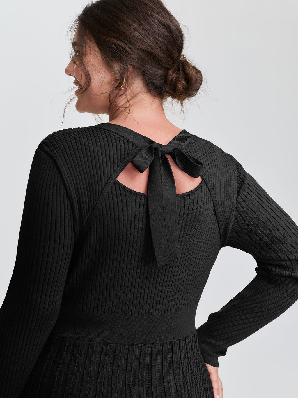 Ribbed Cinched-Waist Bowtie Sweater Dress