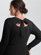 Ribbed Cinched-Waist Bowtie Sweater Dress