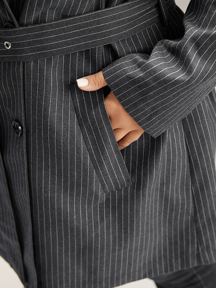 Striped Belted Lapel Collar Tunic Coat