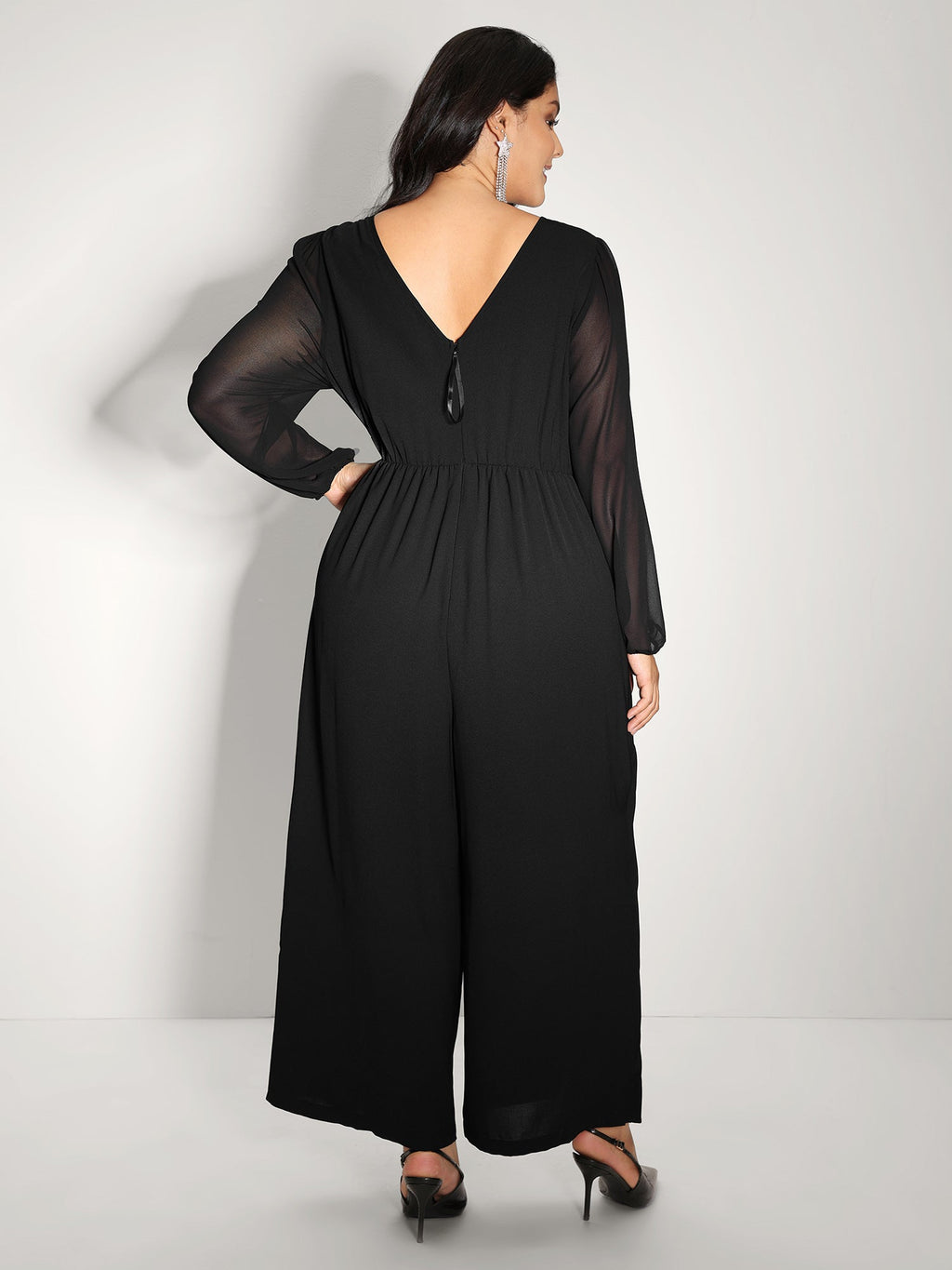 Sequin Neckline Petal Flowy Hem Jumpsuit