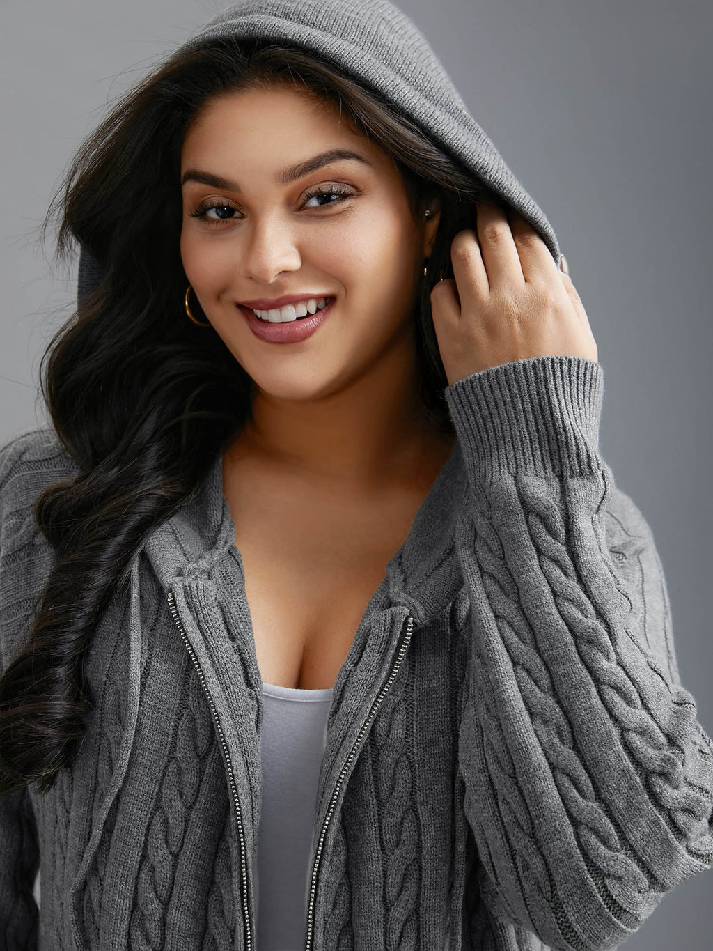 Cable Knit Hooded Zipper Cardigan