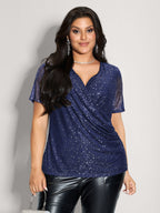 Shimmery Wrap Neck Sheer Sleeve T-Shirt