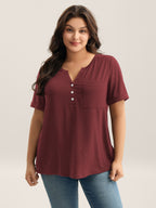 Solid Split Neck Button Detail T-Shirt