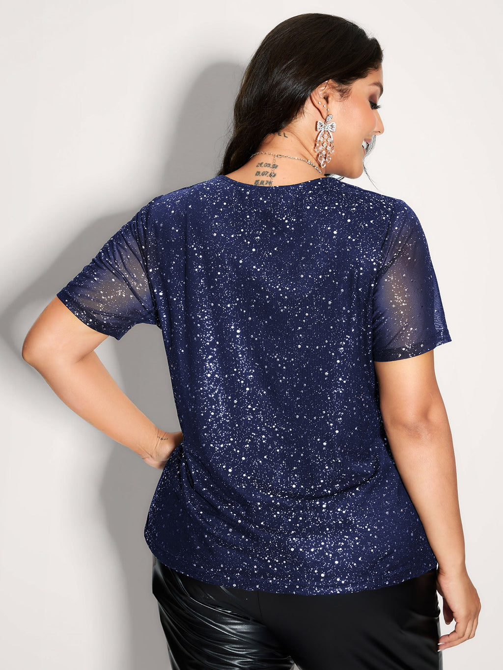 Shimmery Wrap Neck Sheer Sleeve T-Shirt