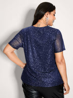 Shimmery Wrap Neck Sheer Sleeve T-Shirt