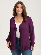 Supersoft Textured Floral Button Ruffled Hem Knit Cardigan