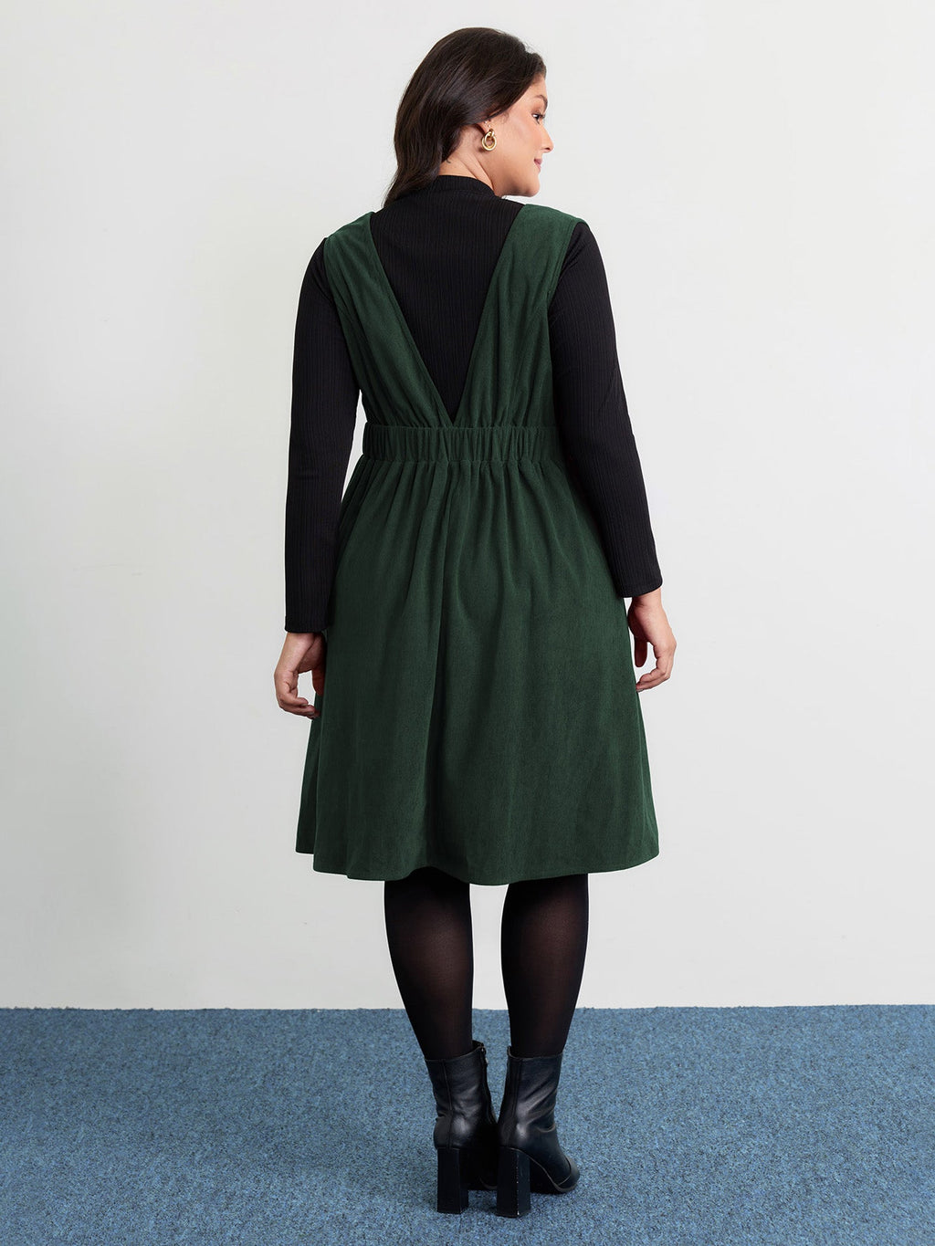 Corduroy Stretchy Waist V-Neck Midi Dress