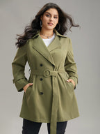 Plain Double Breasted Belted Pocket Windbreaker