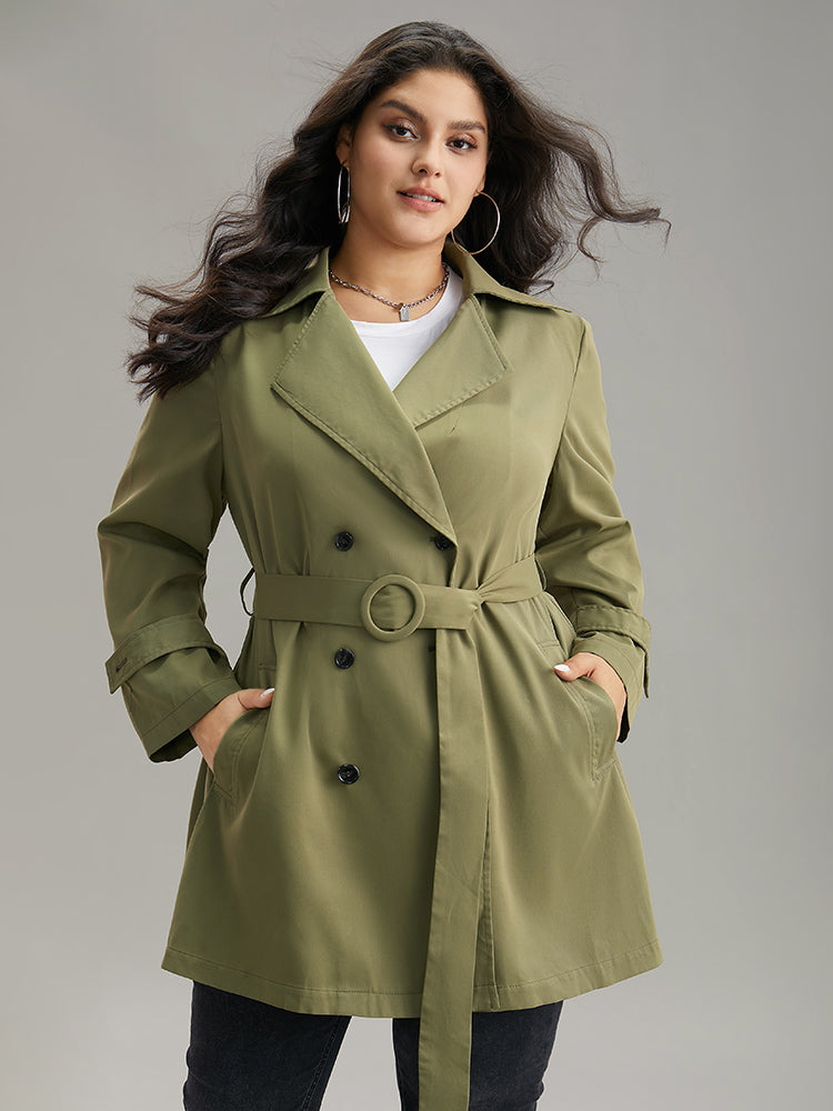 Plain Double Breasted Belted Pocket Windbreaker