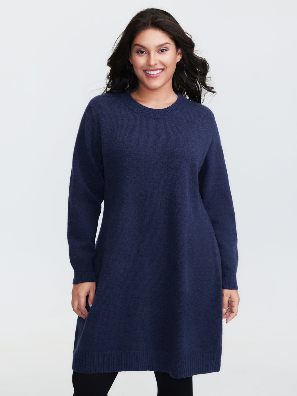 Crew Neck Solid Midi Sweater Dress