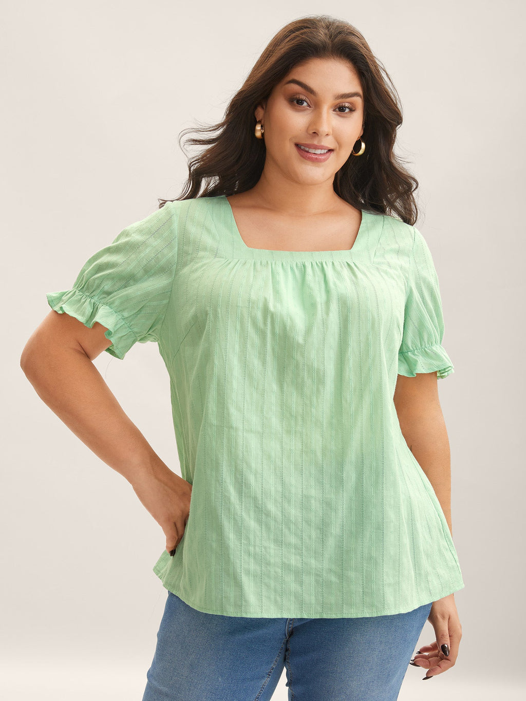 Cotton Square Neck Ruffled Sleeve Shirt