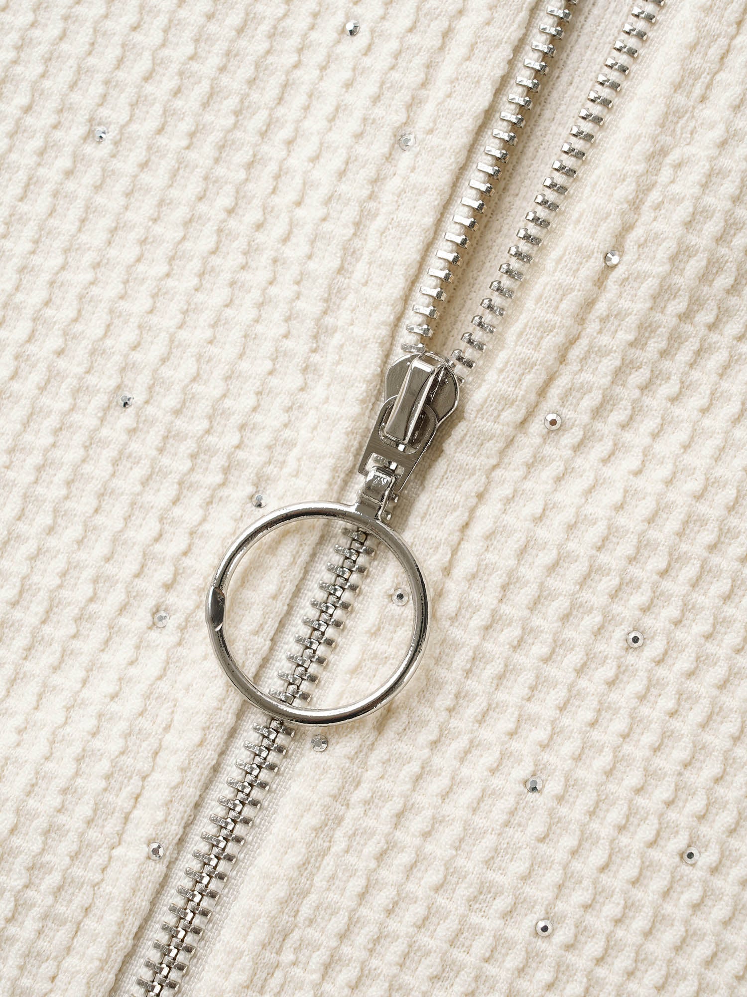 Textured Rhinestone Hooded O Ring Zipper Sweatshirt