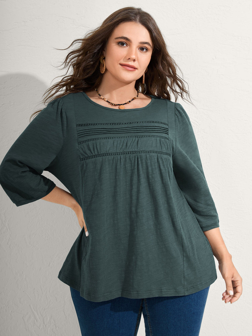 Cotton Lace Spliced Plain Knit Top