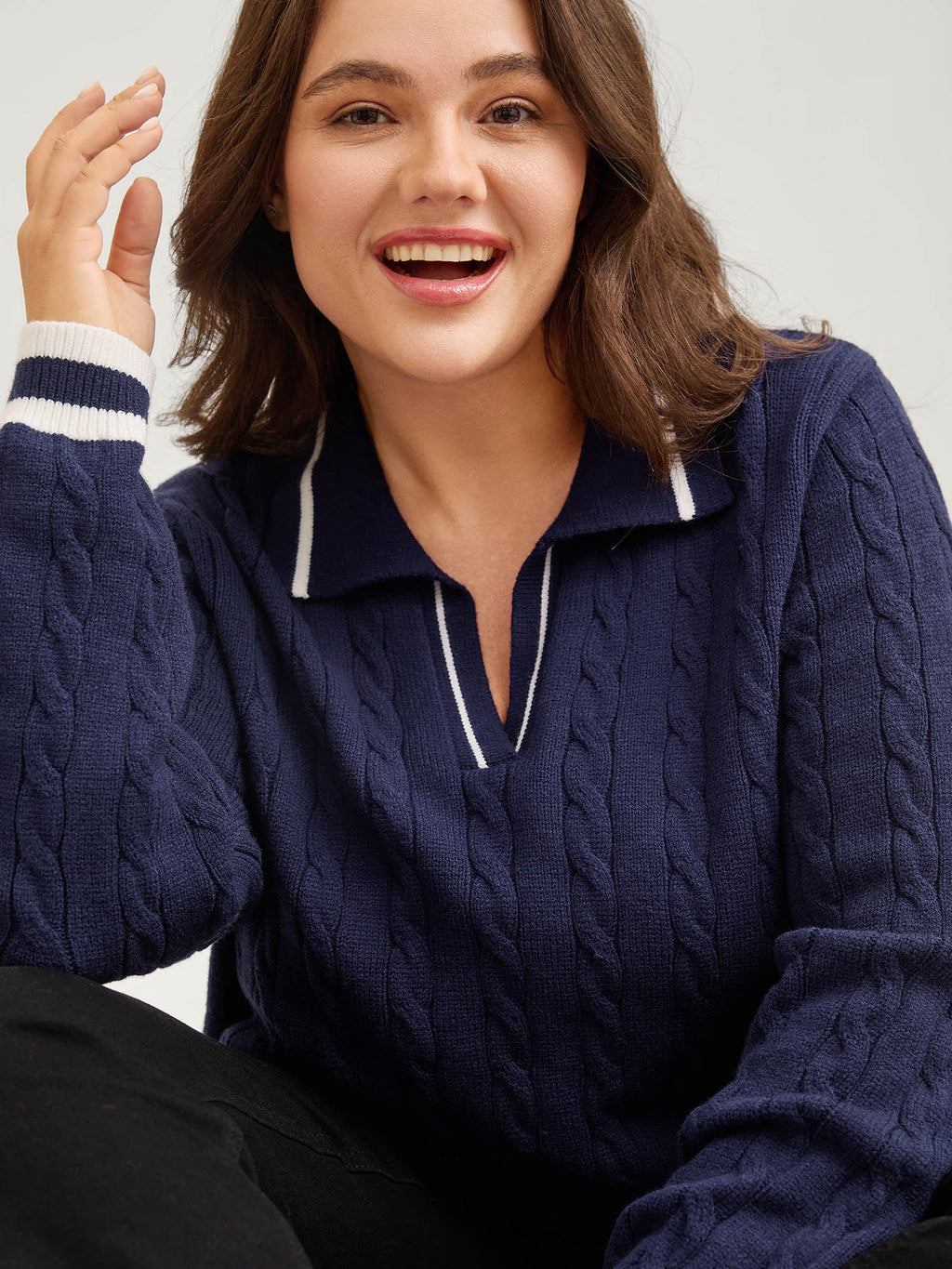 Supersoft Cable Knit Polo Collar Contrast Pullover