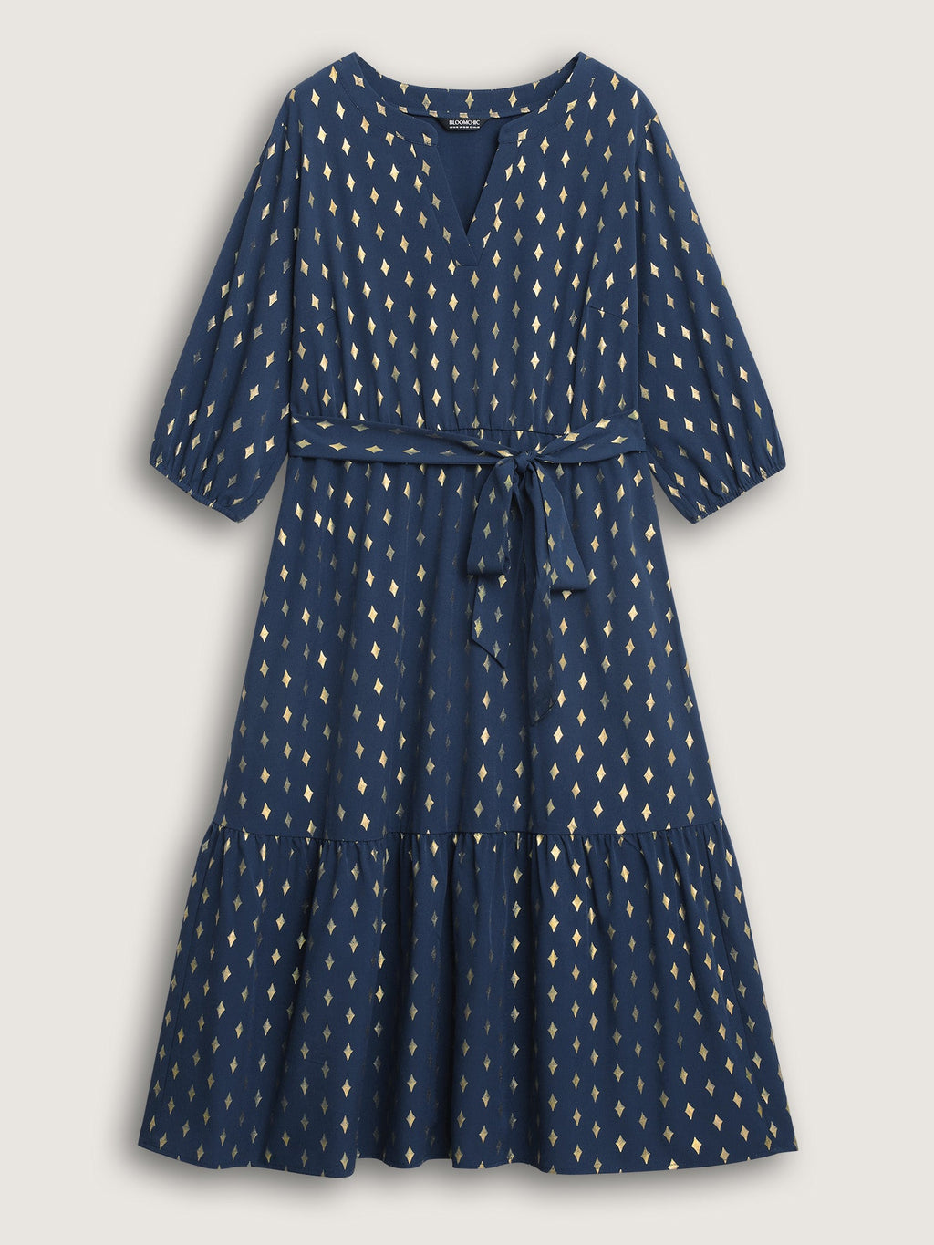 Glitter Notched Lantern Sleeve Midi Dress