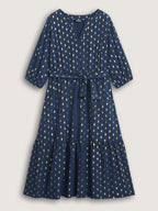 Glitter Notched Lantern Sleeve Midi Dress