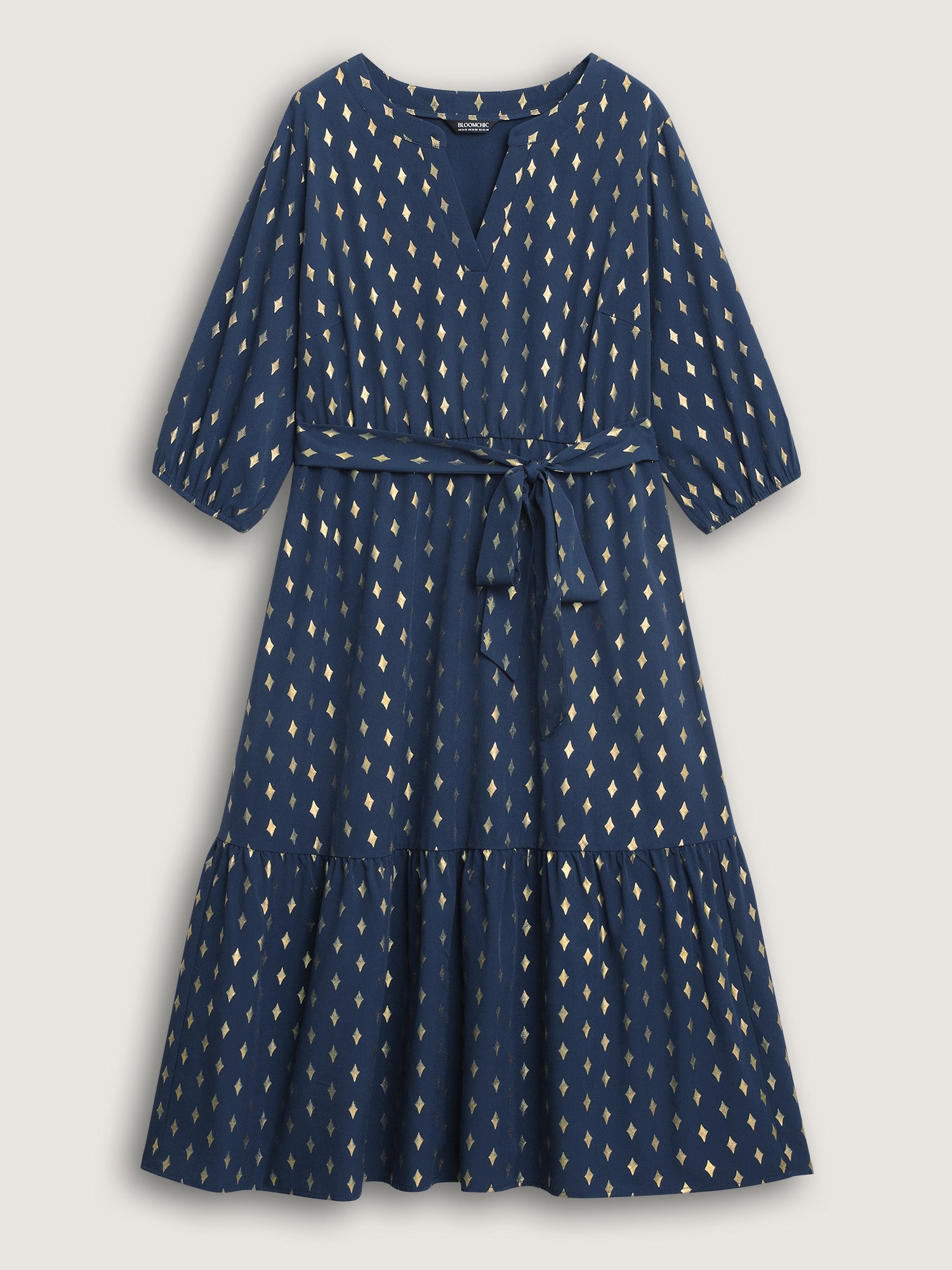 Glitter Notched Lantern Sleeve Midi Dress