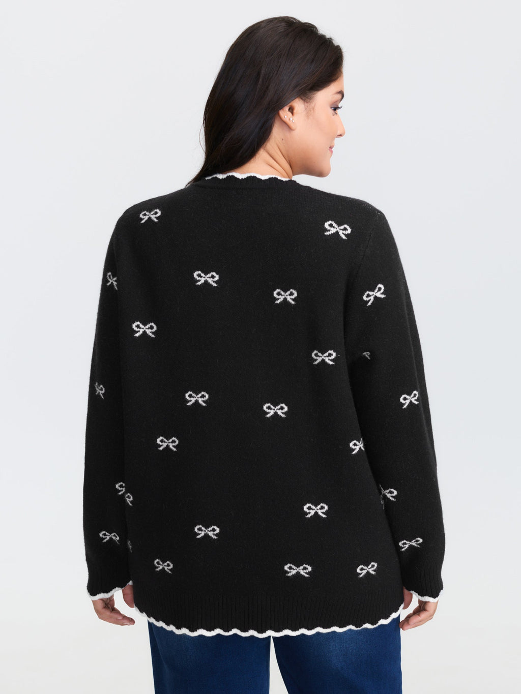 Bowknot Jacquard Wavy Edge Knit Cardigan