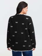 Bowknot Jacquard Wavy Edge Knit Cardigan