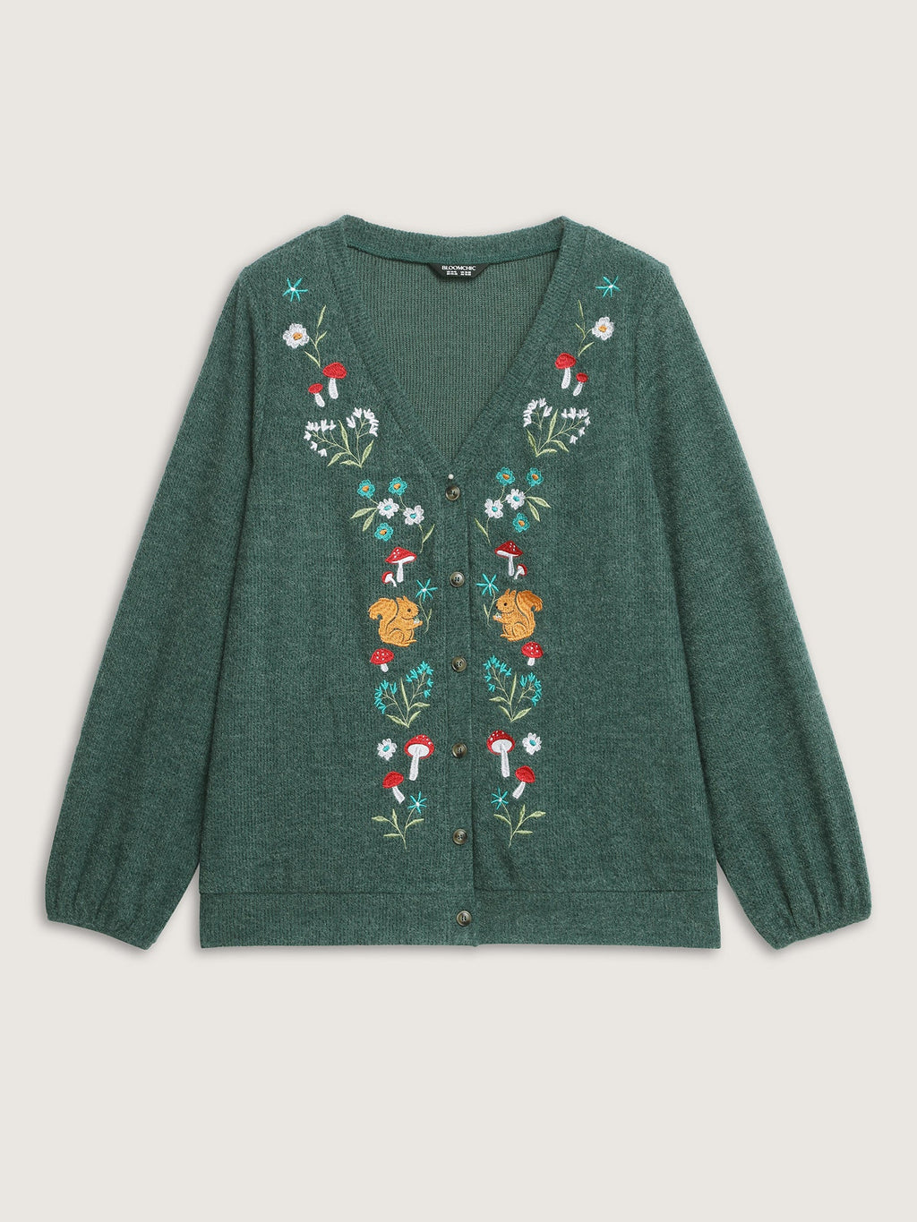 Squirrel Embroidered Button V-Neck Knit Cardigan