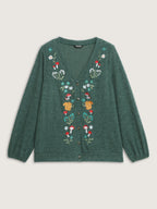 Squirrel Embroidered Button V-Neck Knit Cardigan
