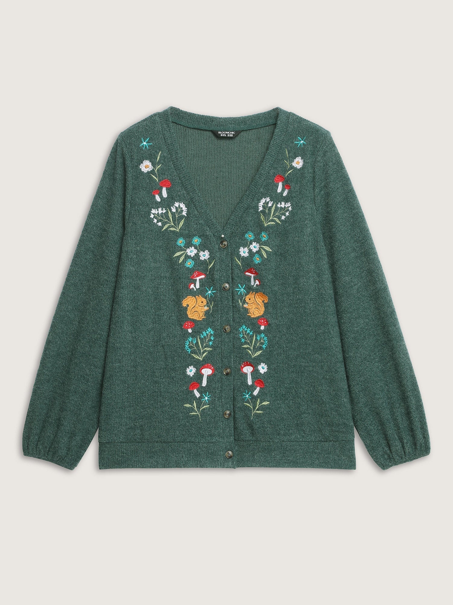 Squirrel Embroidered Button V-Neck Knit Cardigan