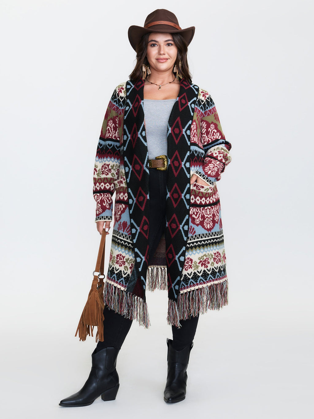 Fair-Isle Pattern Jacquard Fringes Knit Cardigan
