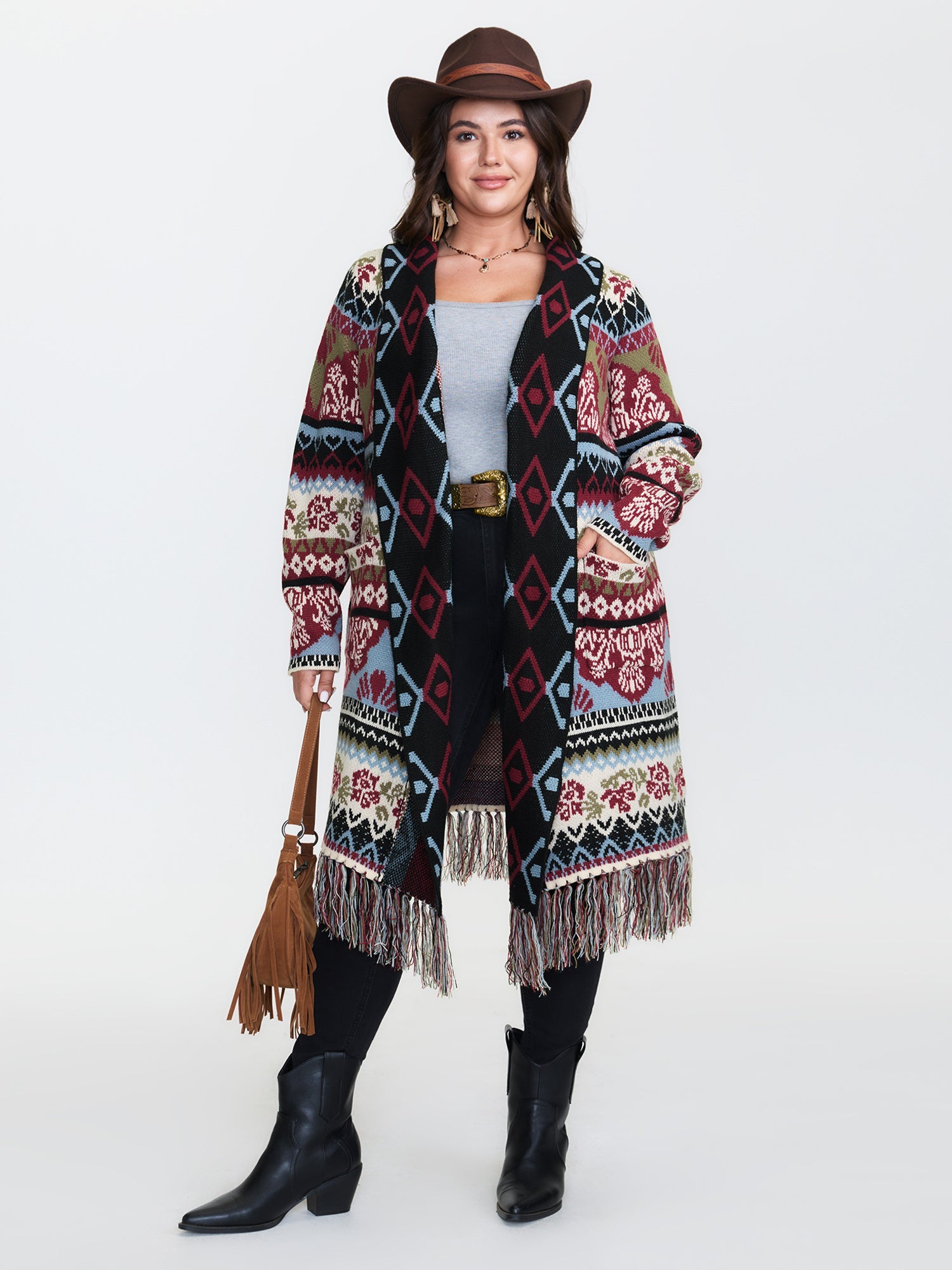 Fair-Isle Pattern Jacquard Fringes Knit Cardigan