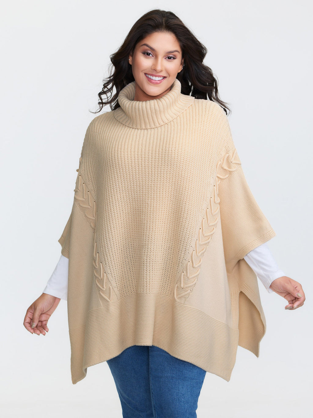 Turtleneck Poncho Cable Knit Pullover