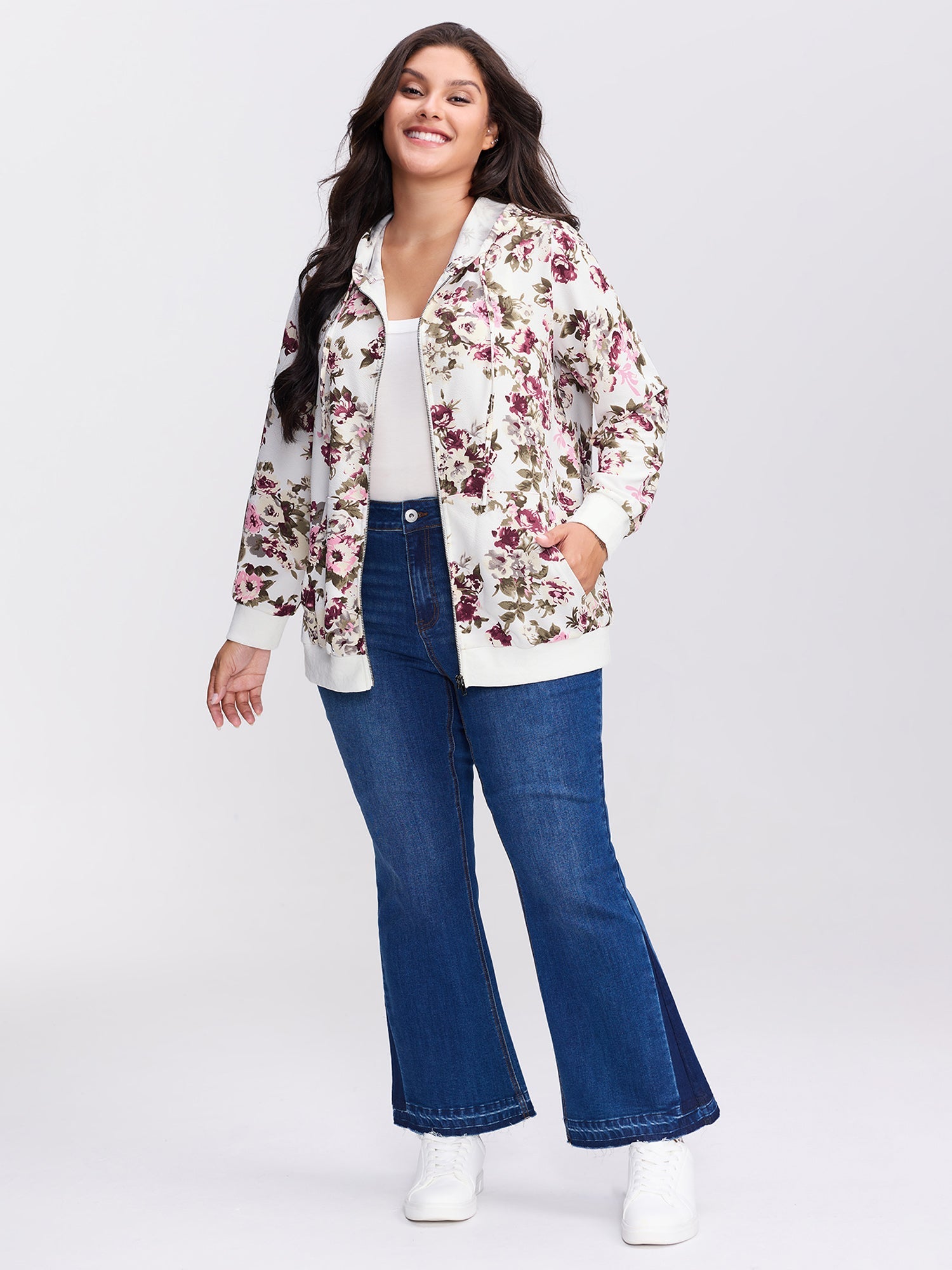 Flower Print Pockets Zipper Jacket
