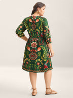 Boho Print V-Neck Pockets Midi Dress