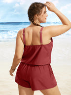 Solid Keyhole Elastic Waist Gathered One Piece Swimsuit