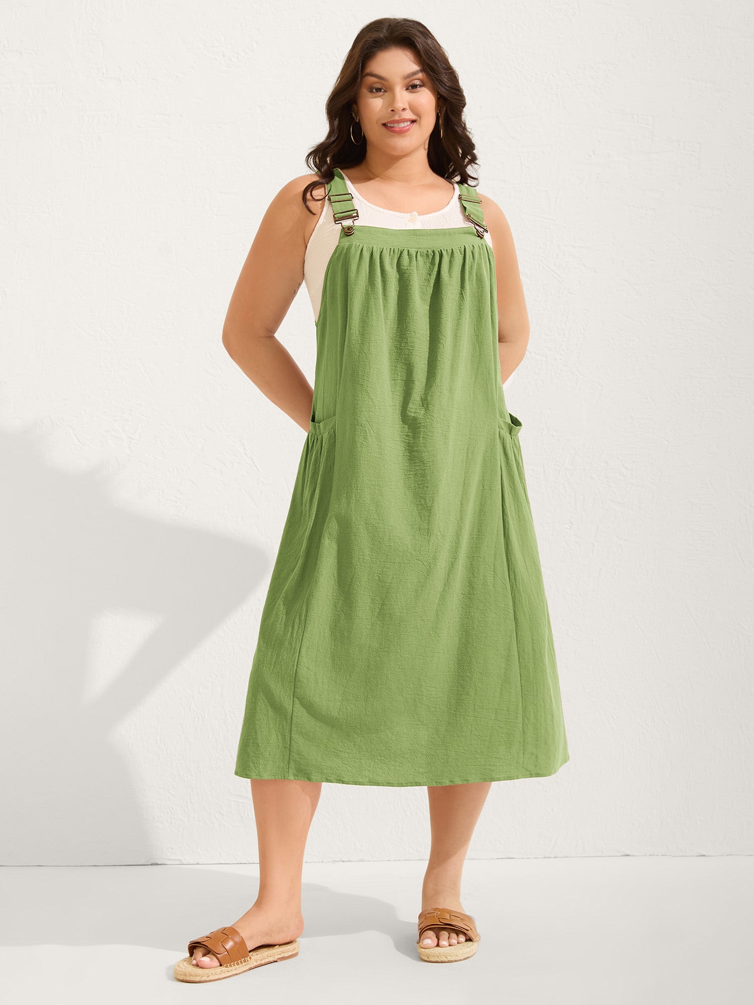 Pure Cotton Pleated Pockets Midi Dress