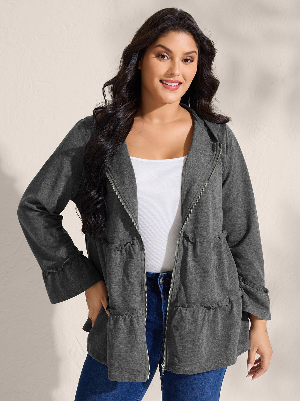 Tiered Ruffled Edges Pockets Jacket