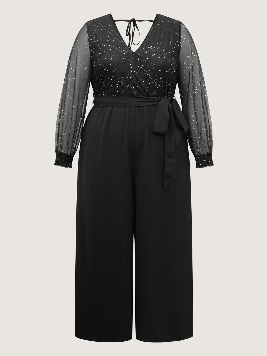 Sparkly V Neck Sheer Belted Wide Leg Jumpsuit
