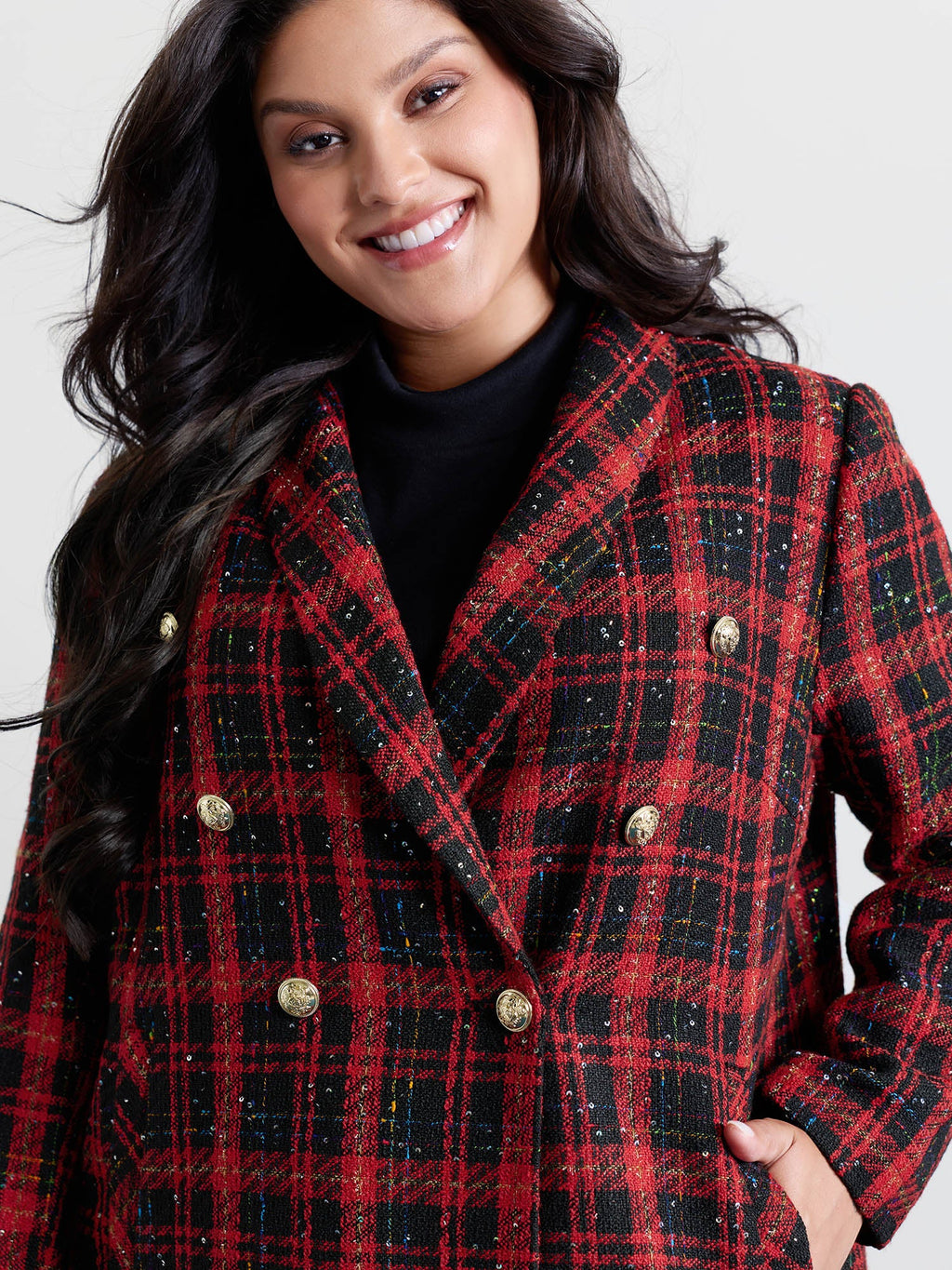 Holiday Plaid Textured Button Blazer