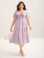 Ditsy Floral Sweetheart Drawstring Pocket Tiered Dress