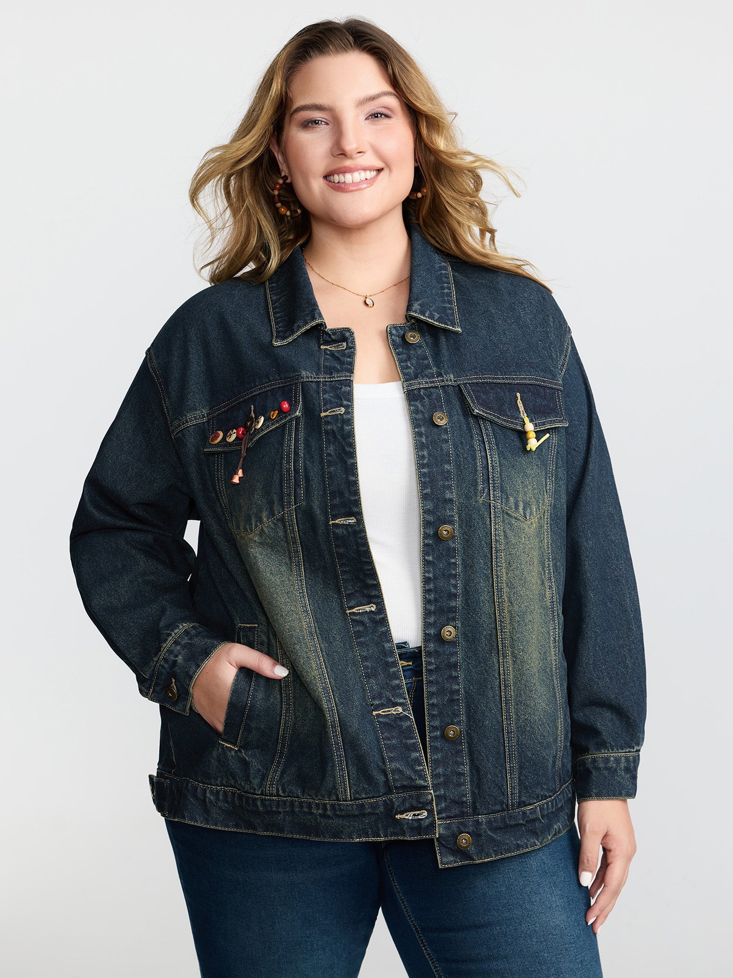 Cotton Colorful Buttons Vintage Wash Denim Jacket